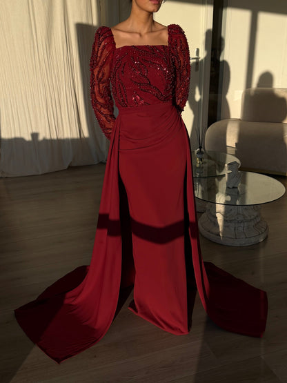 Beaded Square Neck Long Sleeve Gown with Draped Skirt