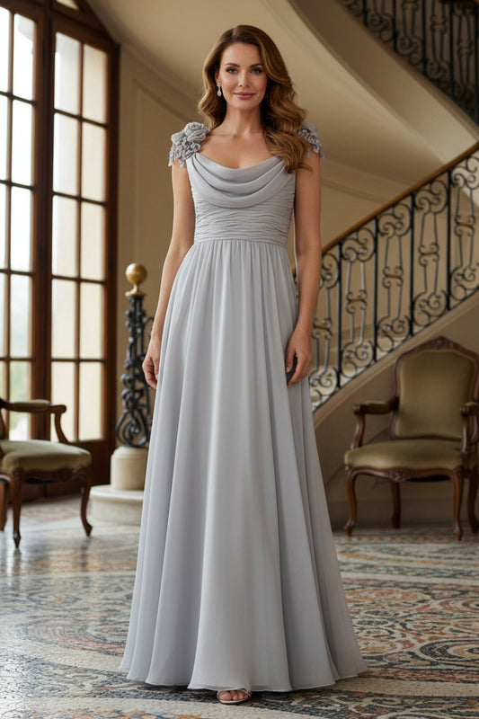 Cowl Neck Chiffon Gown with 3D Floral Shoulders