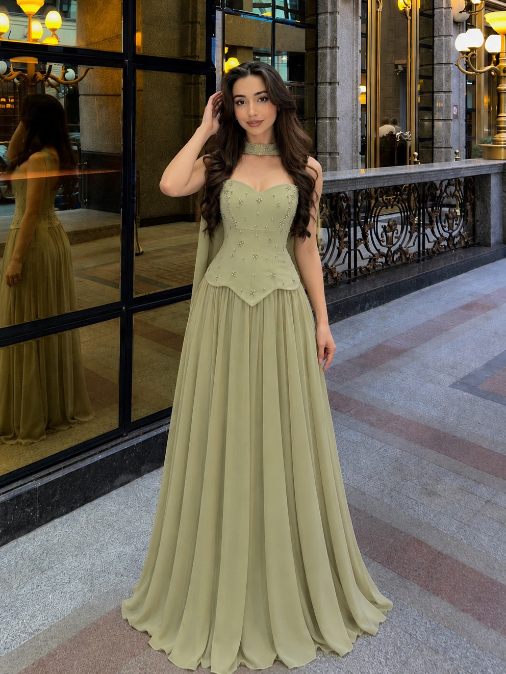 Beaded Corset Chiffon Evening Gown with Cape