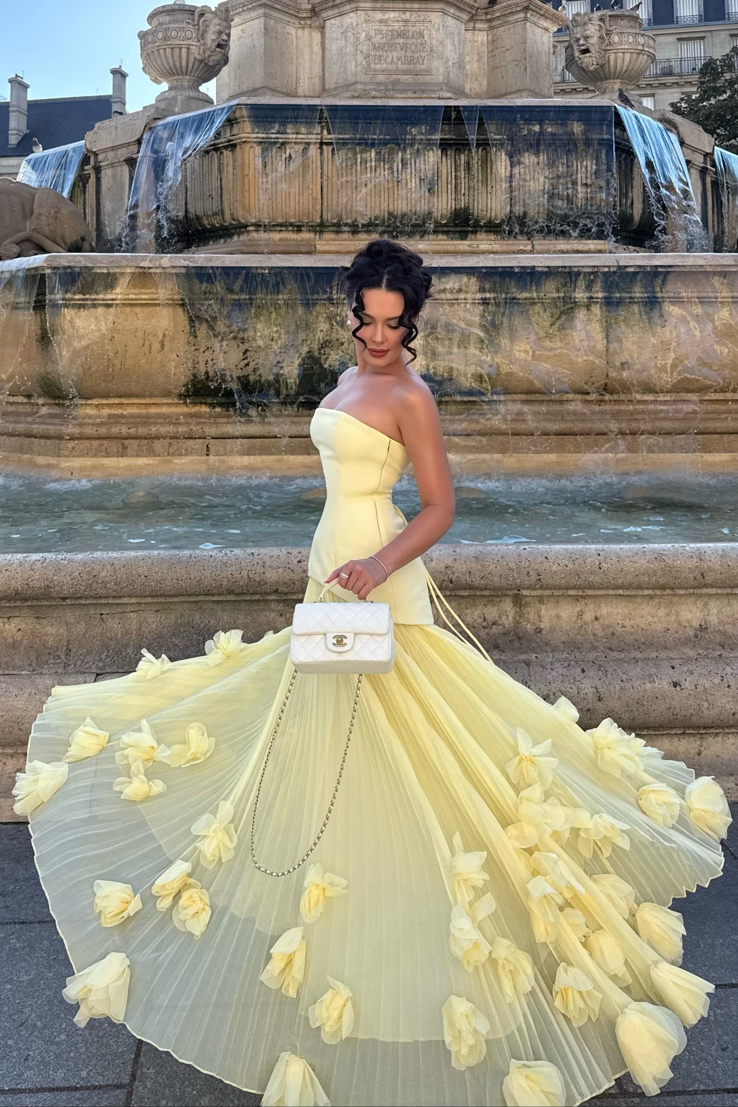 Strapless Pleated Evening Gown with 3D Florals
