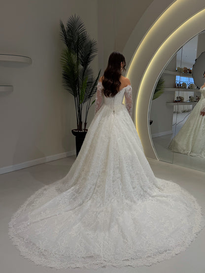 Off-the-Shoulder Lace Ball Gown Wedding Dress