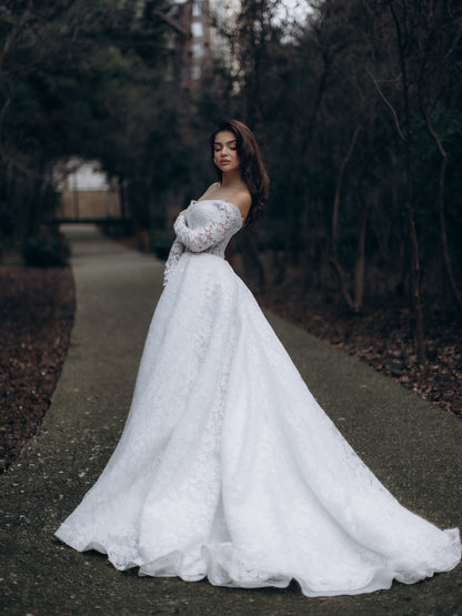 Off-the-Shoulder Lace Ball Gown Wedding Dress