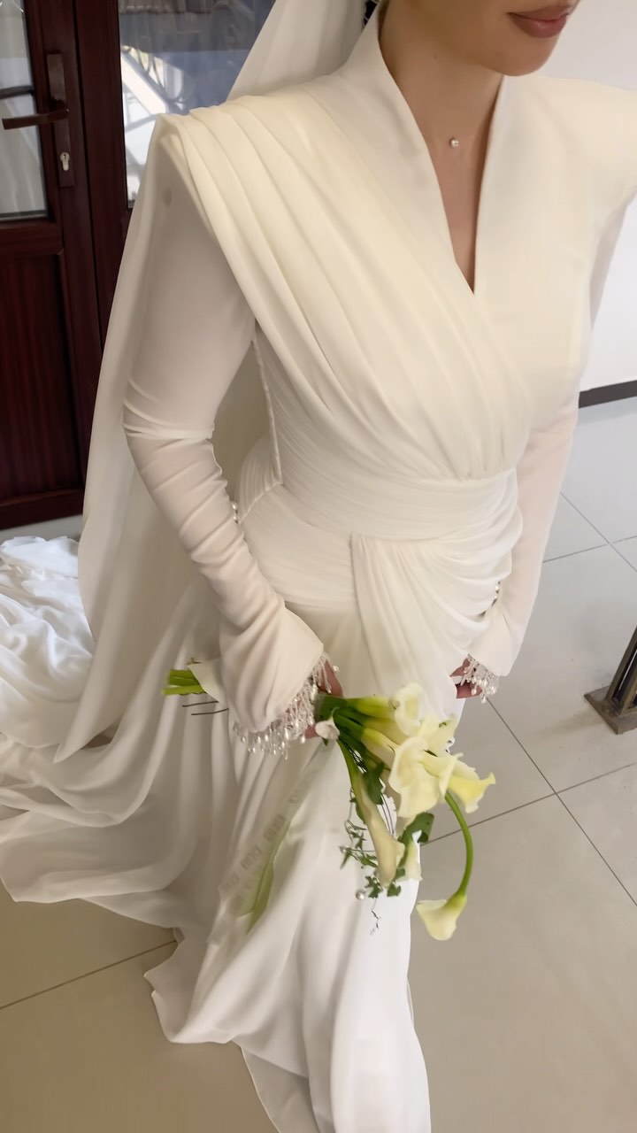 Draped V-Neck Wedding Dress with Beaded Fringe Cuffs