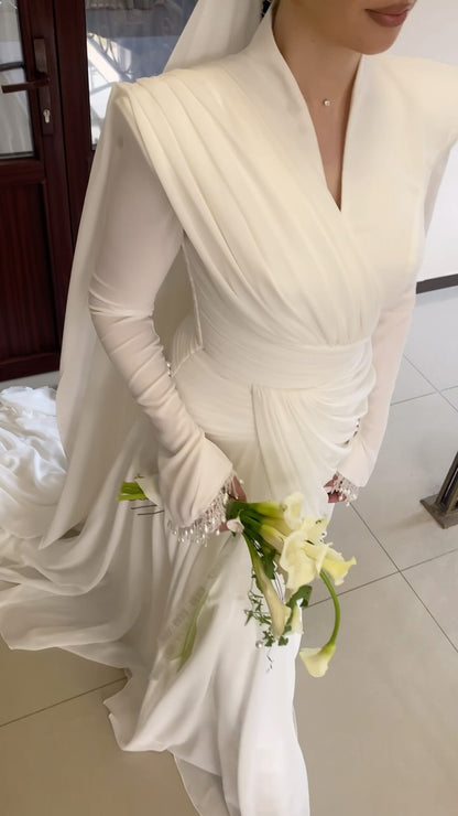 Draped V-Neck Wedding Dress with Beaded Fringe Cuffs