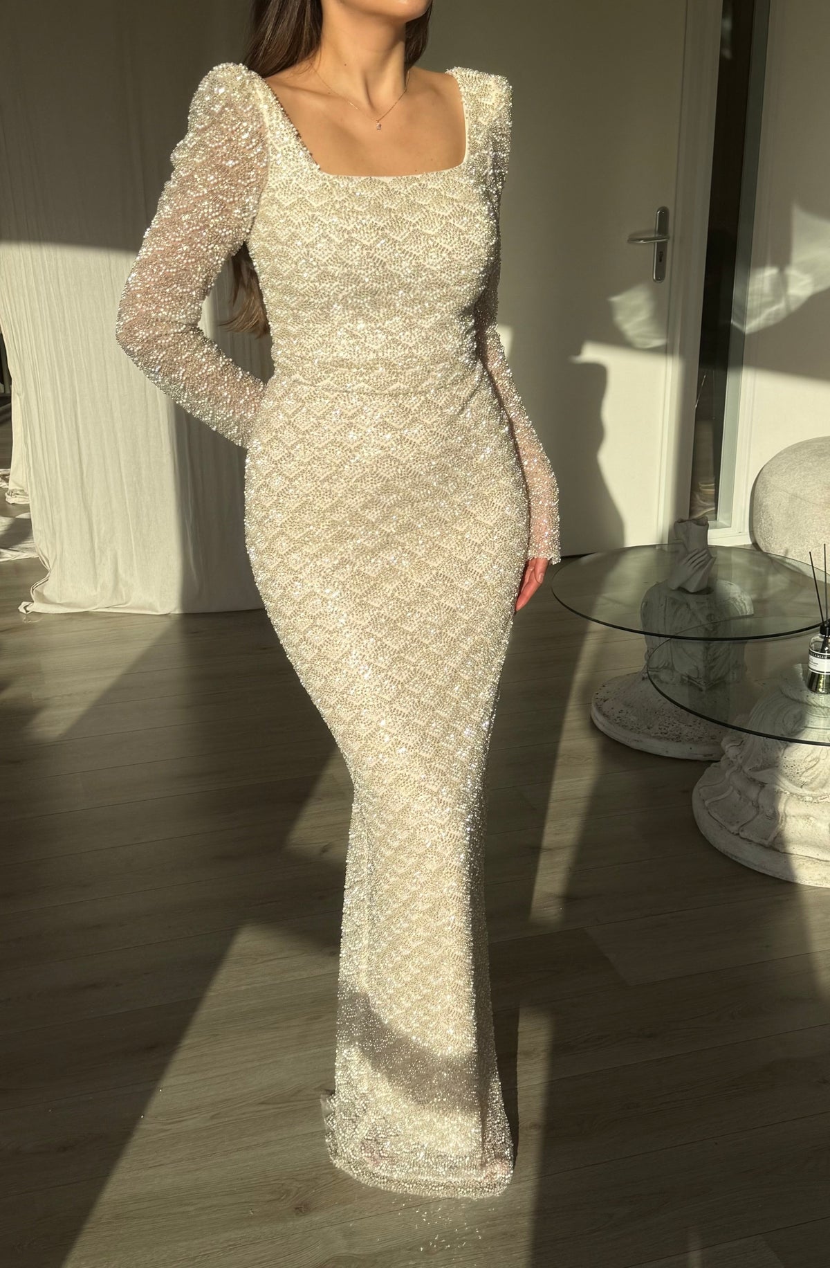 Square Neck Sequin Long Sleeve Column Gown