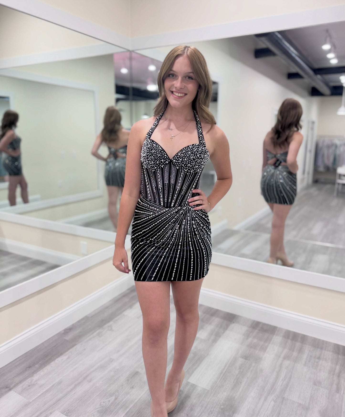 Crystal Beaded Halter Bodycon Mini Dress