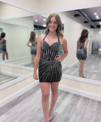 Crystal Beaded Halter Bodycon Mini Dress