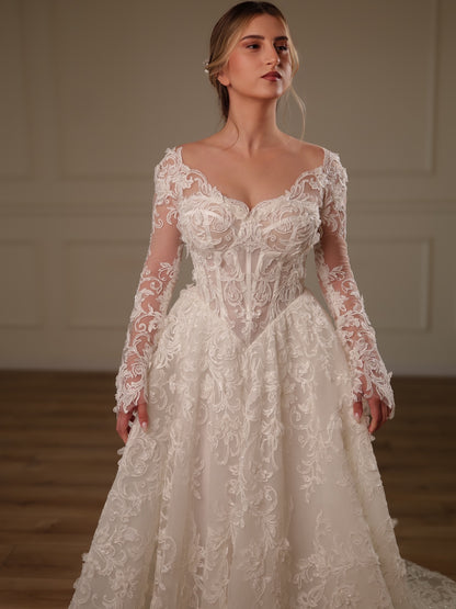Lace Applique A-Line Wedding Dress with Sleeves