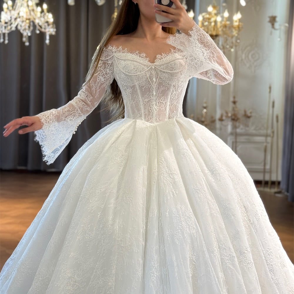 Off-Shoulder Lace Corset Ball Gown Wedding Dress
