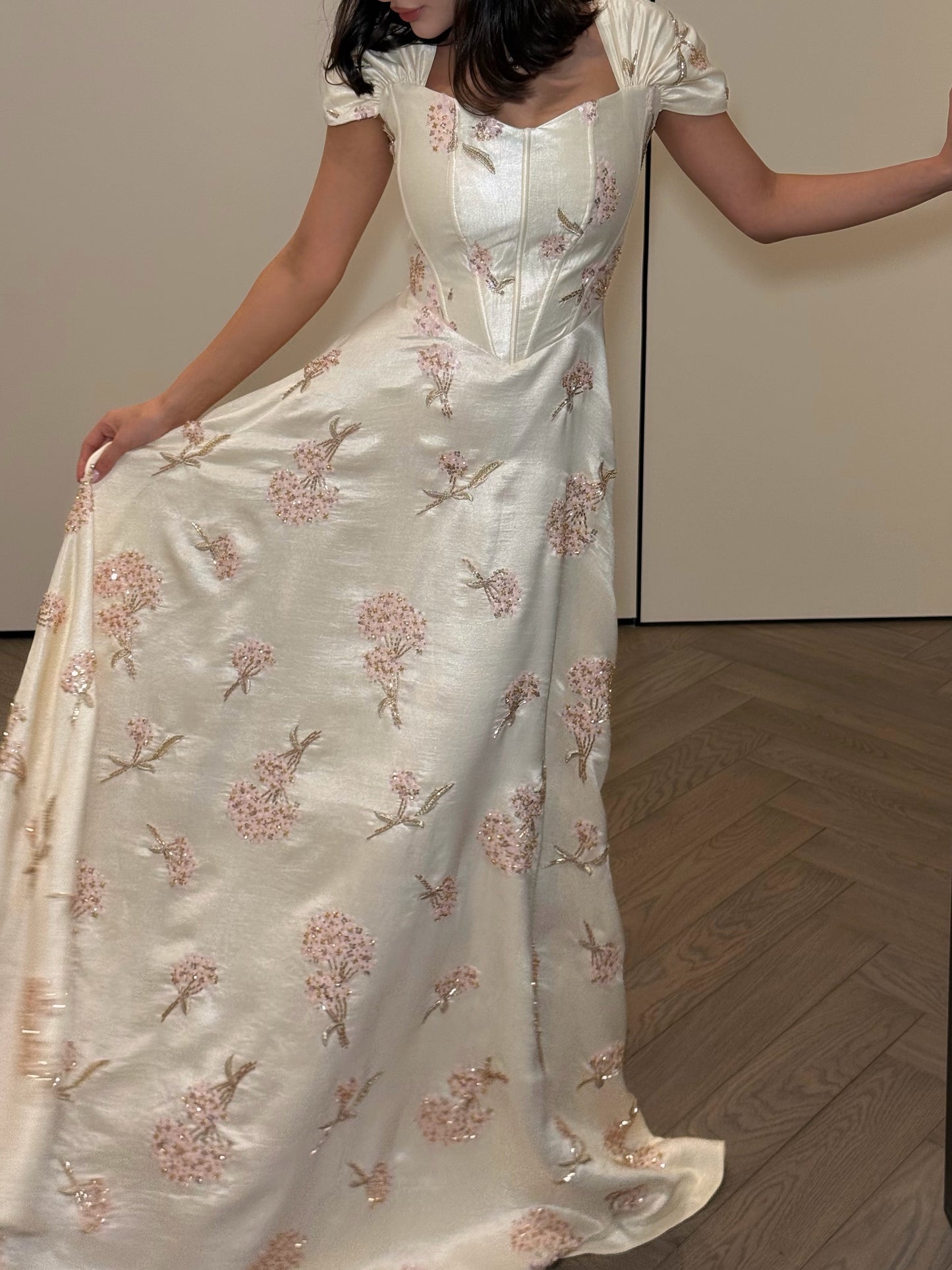 Embroidered Corset Gown with Cap Sleeves