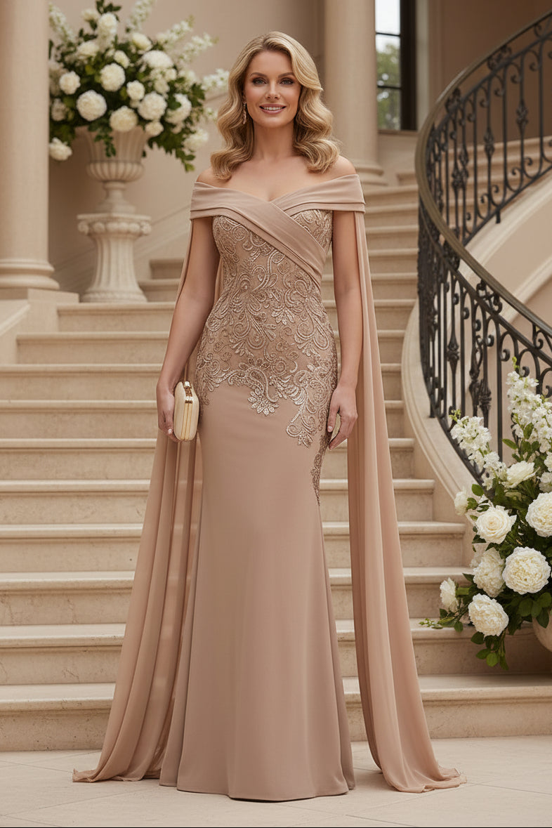 Off-Shoulder Lace Mermaid Gown with Flowing Cape Sleeves