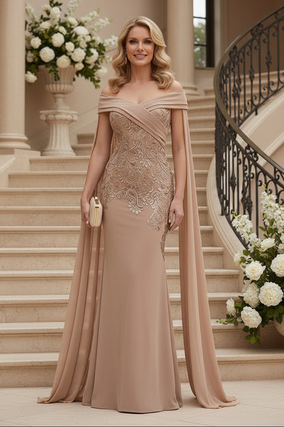 Off-Shoulder Lace Mermaid Gown with Flowing Cape Sleeves