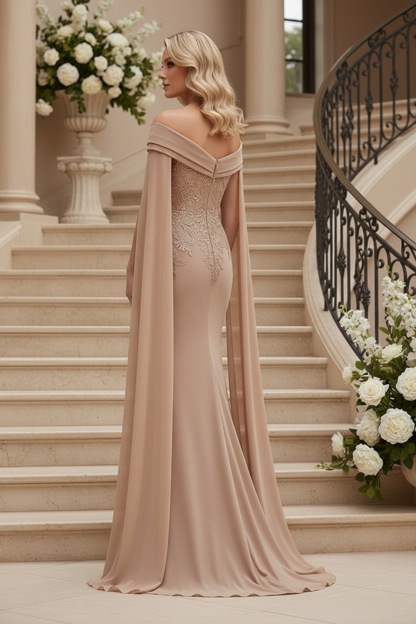 Off-Shoulder Lace Mermaid Gown with Flowing Cape Sleeves