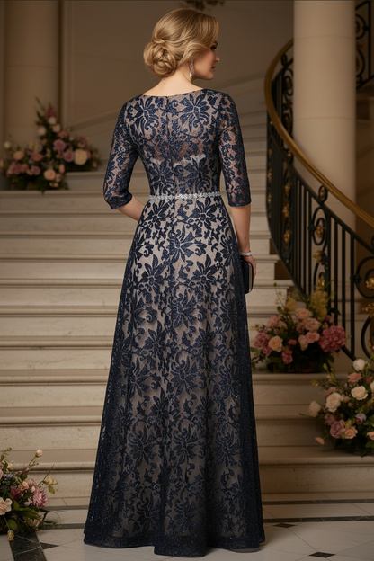 3/4 Sleeve A-Line Lace Evening Gown with Beaded Belt
