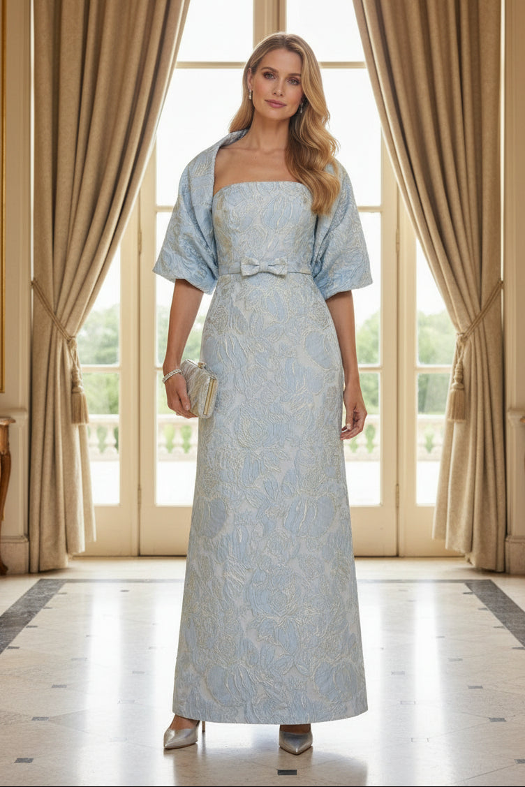 Strapless Jacquard Column Gown with Matching Cropped Shrug