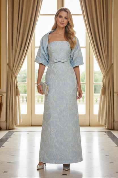 Strapless Jacquard Column Gown with Matching Cropped Shrug