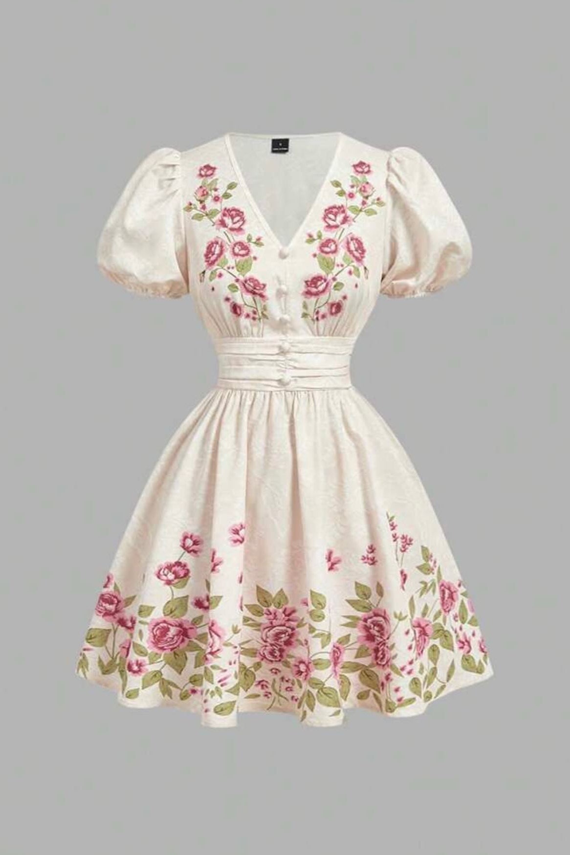 Vintage Inspired Floral Embroidery Puff Sleeve Mini Dress