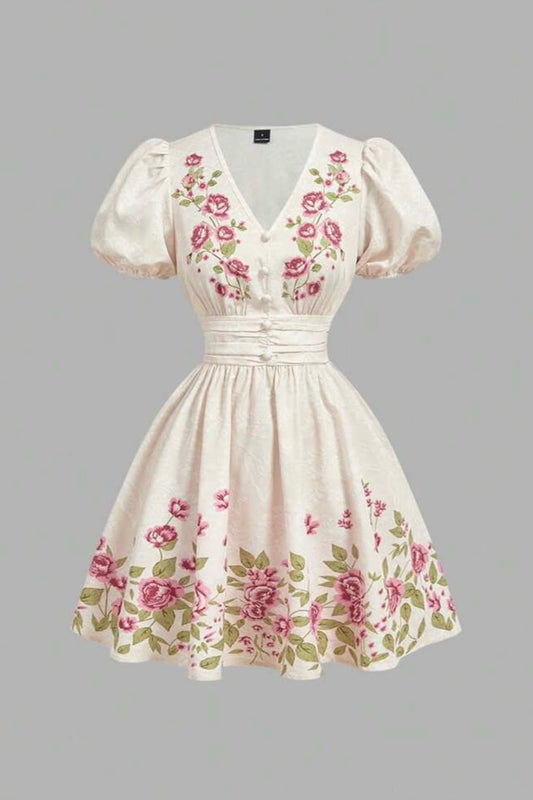 Vintage Inspired Floral Embroidery Puff Sleeve Mini Dress