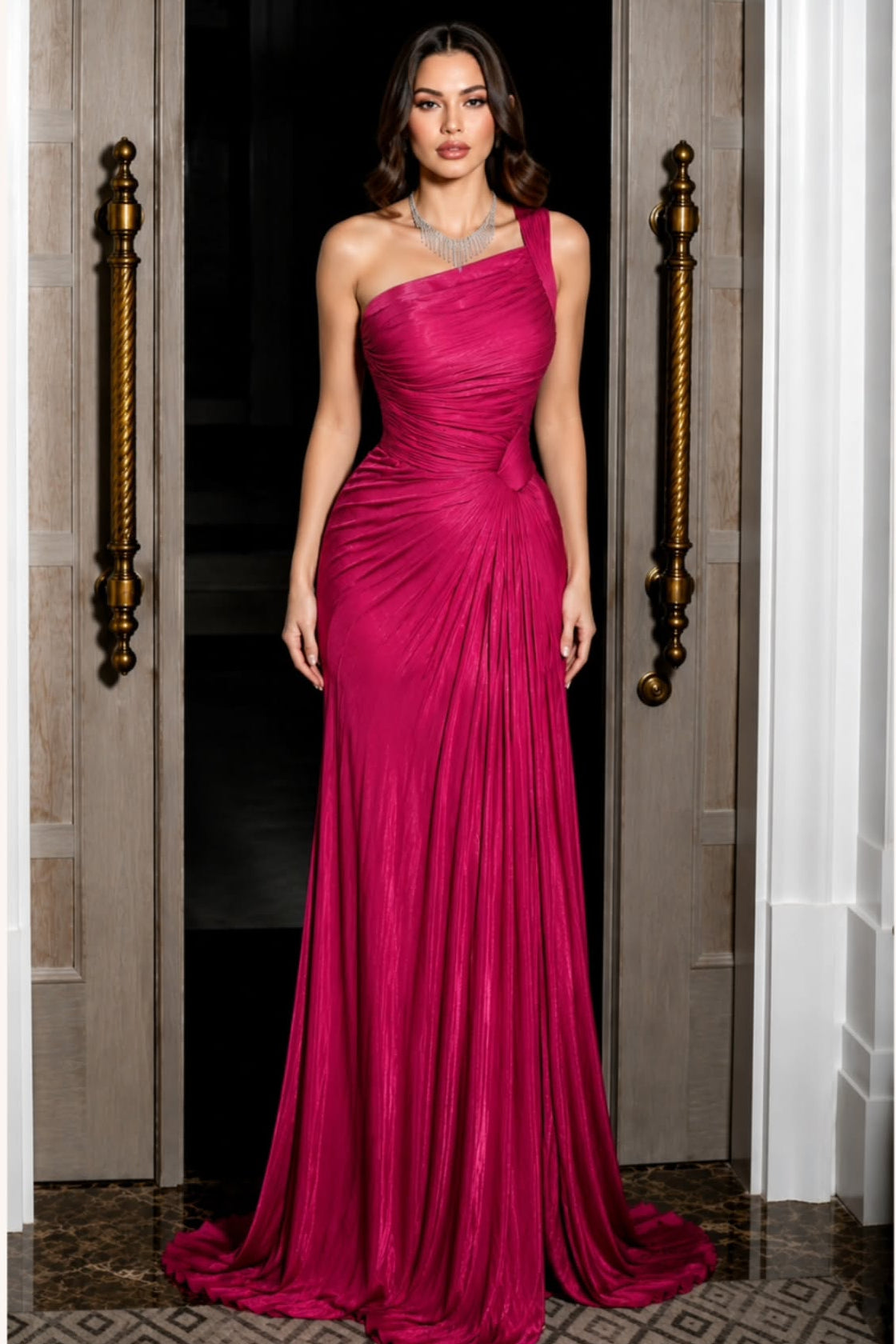 One-Shoulder Pleated Evening Gown
