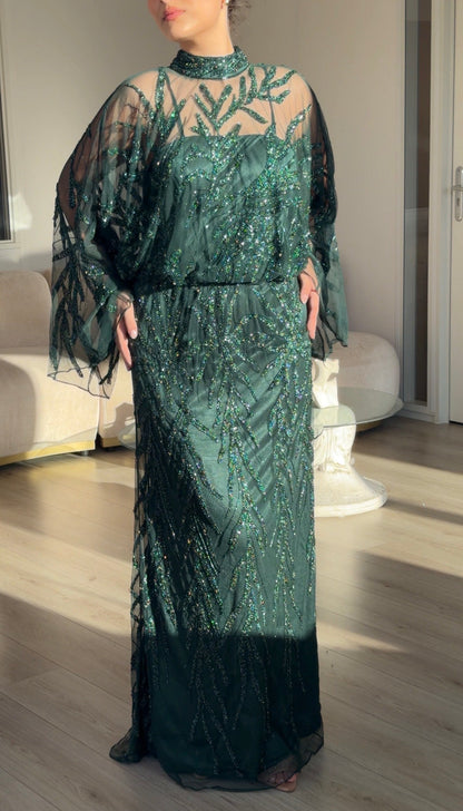 Sequined Cape Sleeve High Neck Maxi Evening Gown