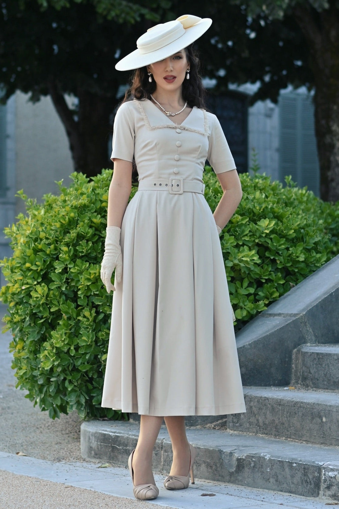 Vintage-Inspired Belted Button-Front Midi Dress