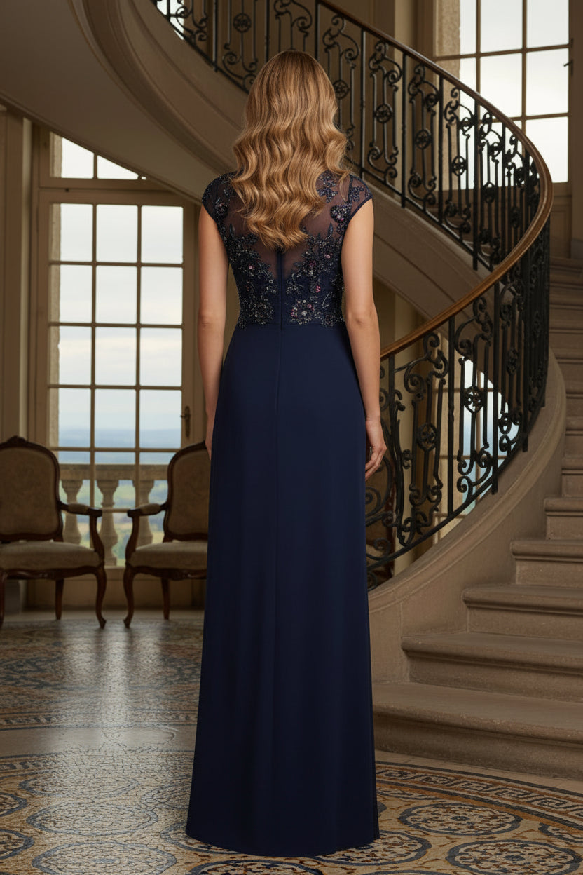 Cap Sleeve Illusion Beaded Evening Gown