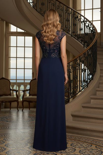 Cap Sleeve Illusion Beaded Evening Gown