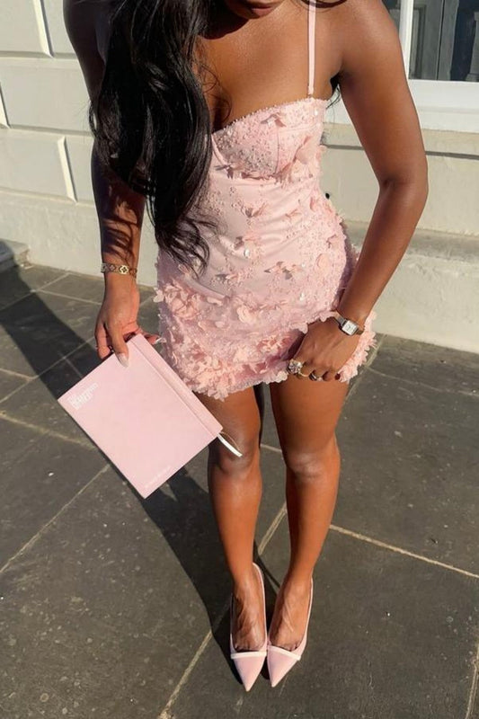 3D Floral Corset Mini Dress with Spaghetti Straps