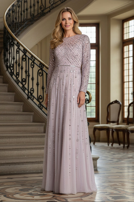 Beaded Long Sleeve A-Line Evening Gown