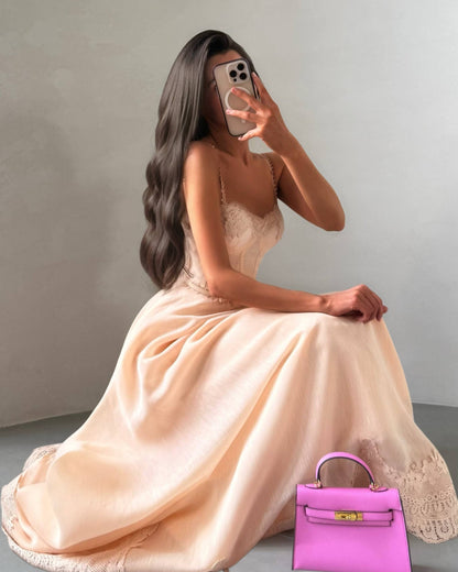 Lace Corset Bodice Satin Maxi Dress with Pearl Straps