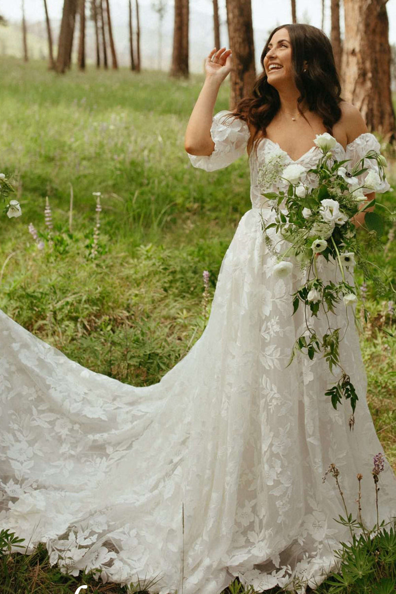 Off-the-Shoulder Lace A-Line Wedding Dress with Slit