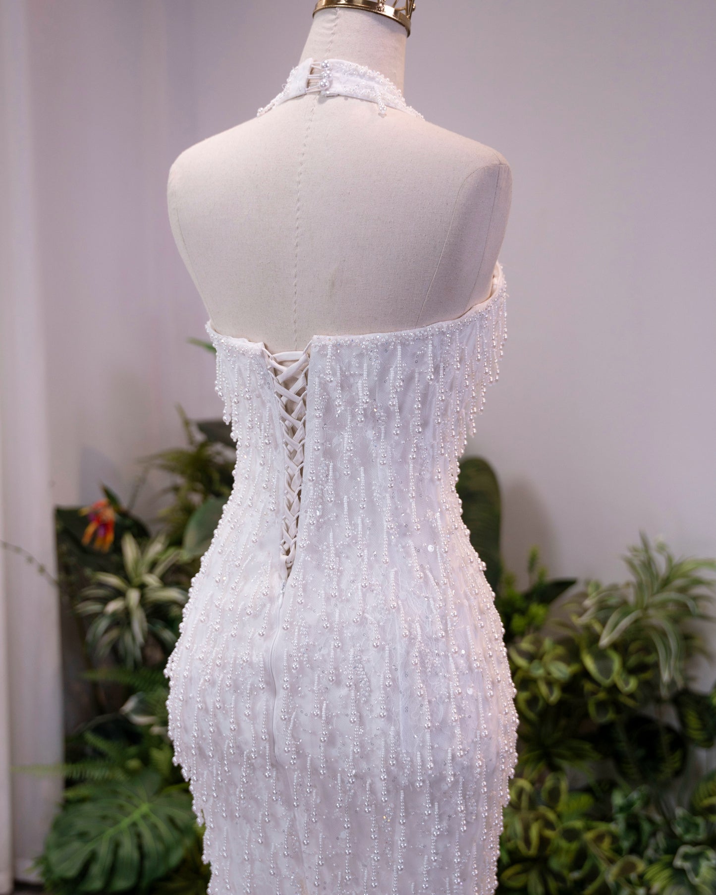 Beaded Halter Deep V Mermaid Evening Gown with Slit