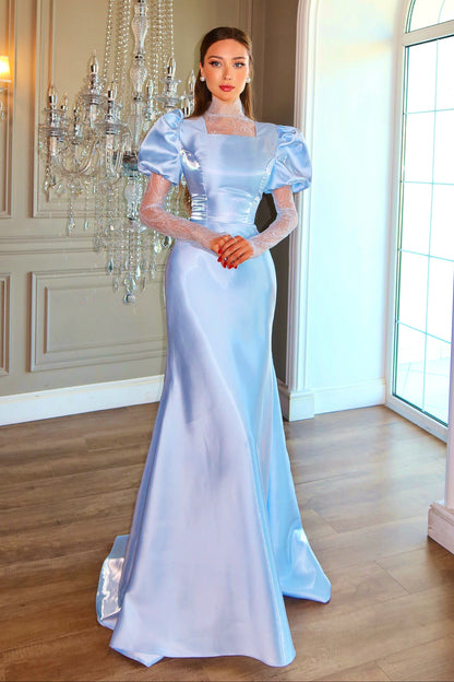 Puff Sleeve Illusion Lace Satin Mermaid Gown