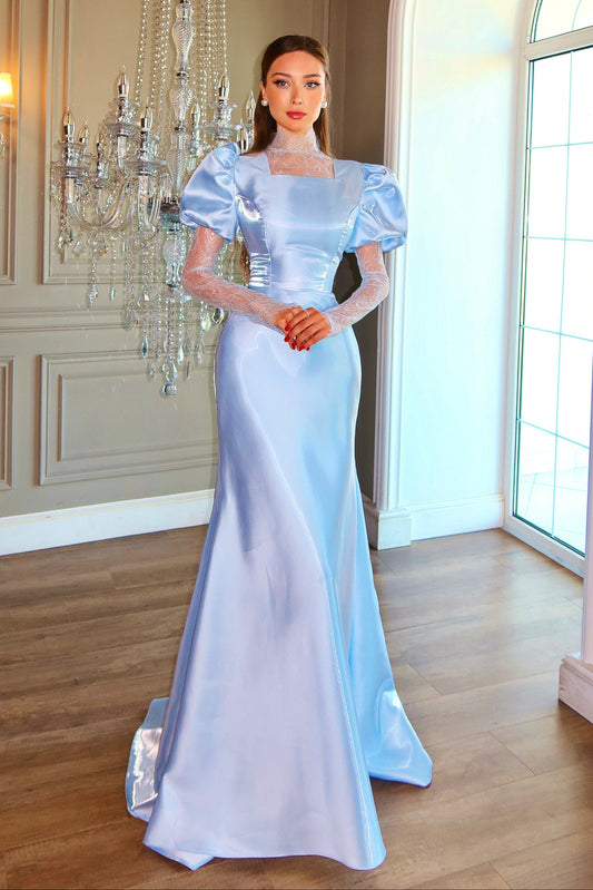 Puff Sleeve Illusion Lace Satin Mermaid Gown