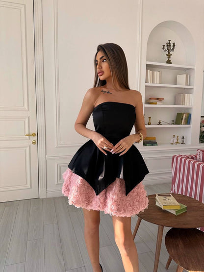 Strapless Peplum Mini Dress with 3D Flowers