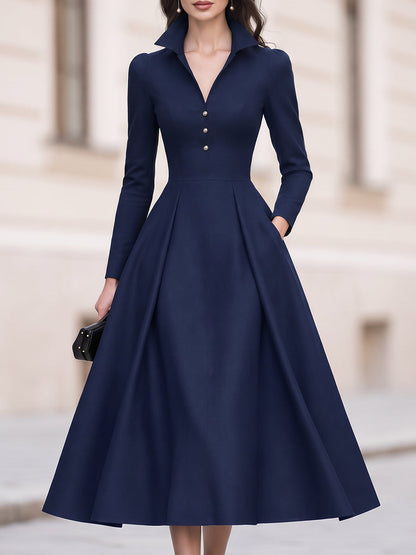 Collared Button-Front Long-Sleeve A-Line Midi Dress