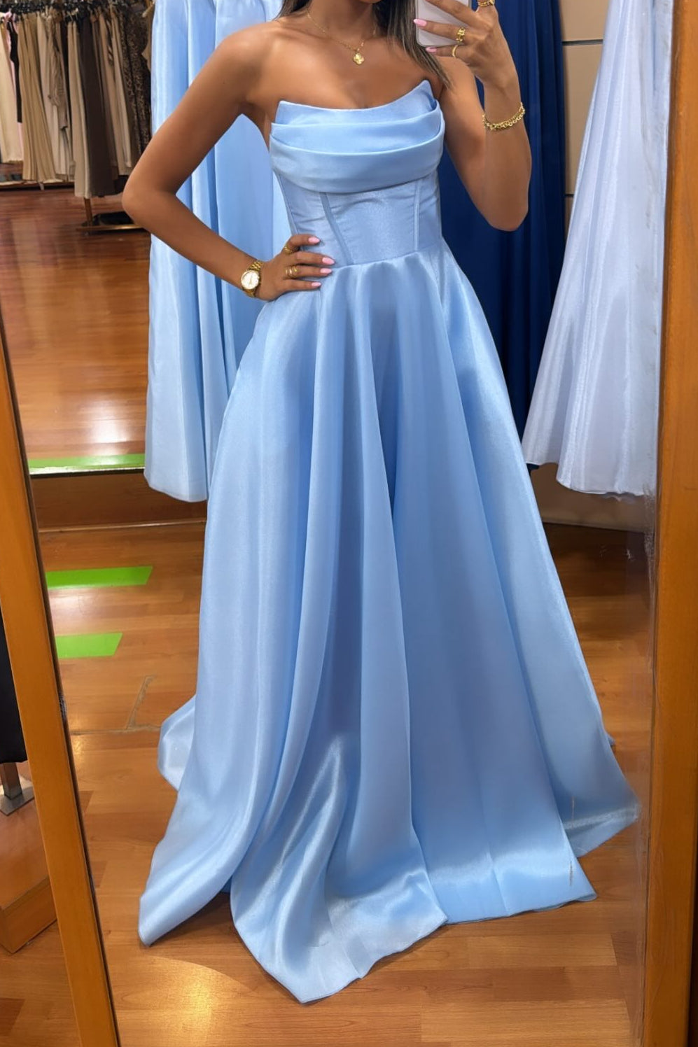 Strapless Satin A-Line Gown with Ruched Bodice