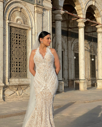 Halter Lace Mermaid Wedding Dress with Detachable Train