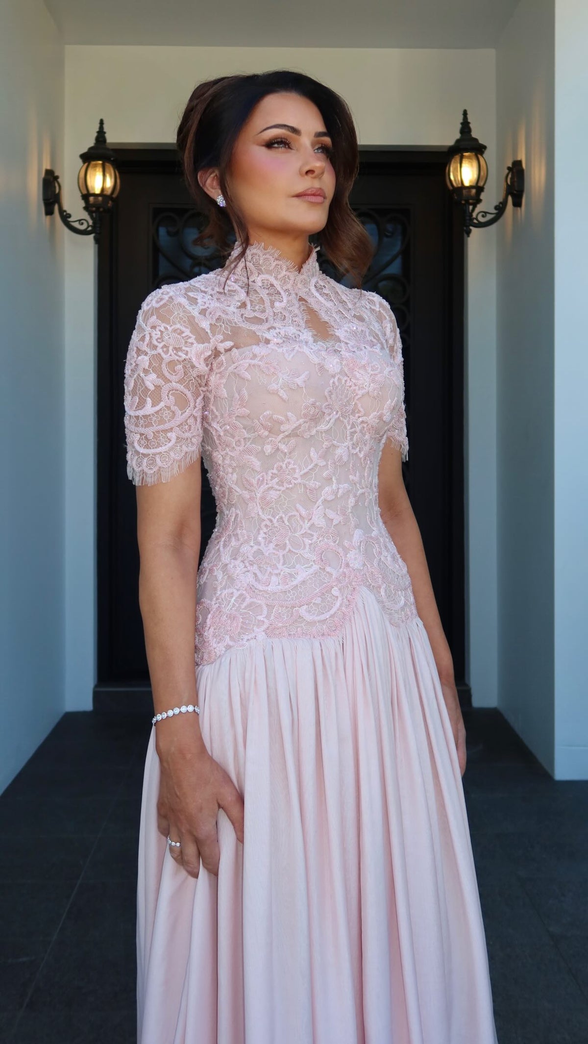 High Neck Lace Bodice Gown with Short Sleeves