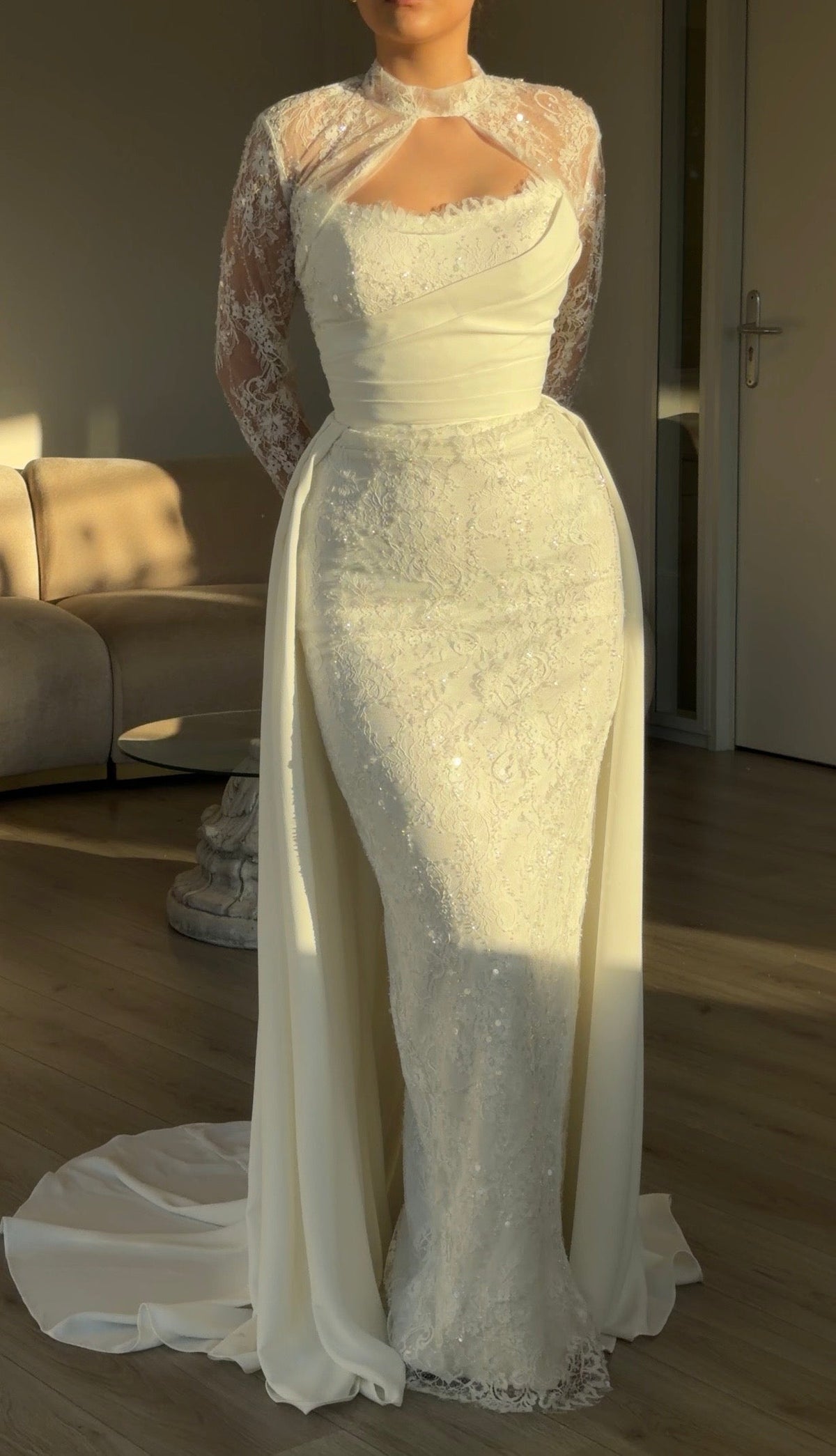 Lace Sheath Gown with Keyhole Neck & Overskirt