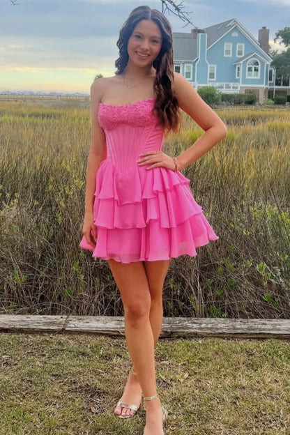 Tiered Ruffled Chiffon Strapless Corset Dress