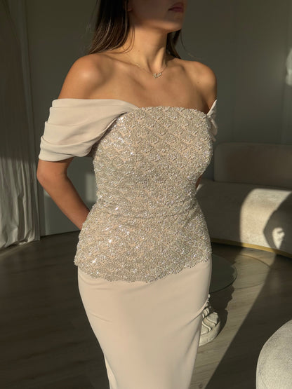 Beaded Off-the-Shoulder Column Maxi Dress