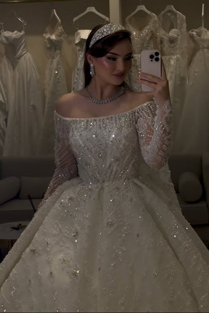 Off-the-Shoulder Beaded Long-Sleeve Ball Gown