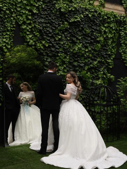 Off-the-Shoulder Illusion Lace Ball Gown Wedding Dress