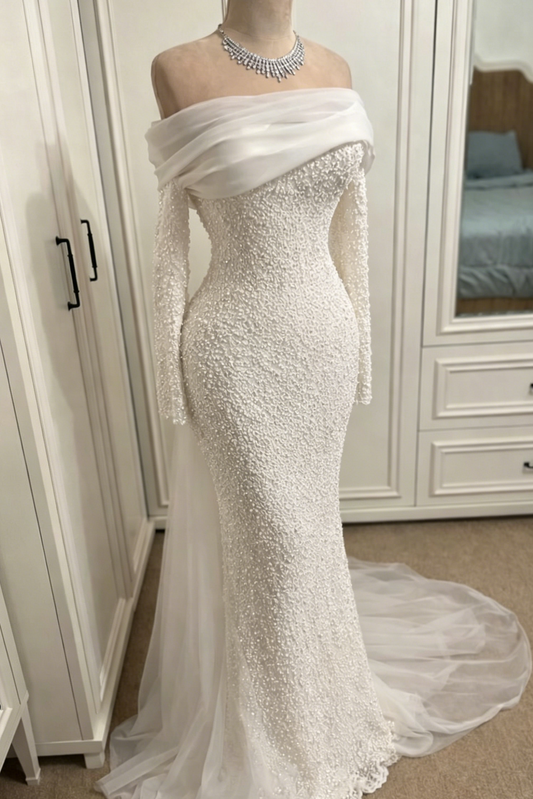 Off-the-Shoulder Pearl Beaded Mermaid Wedding Dress