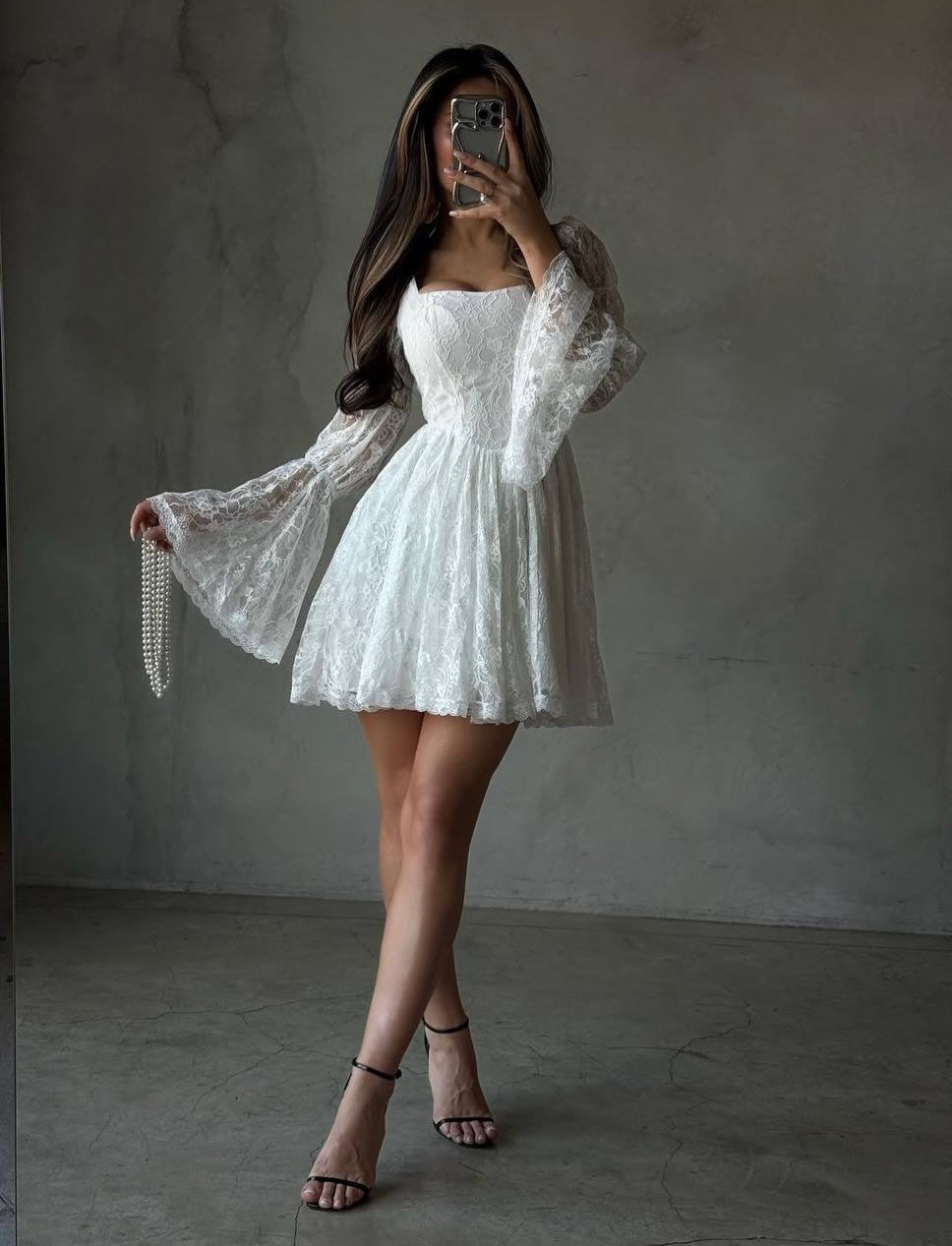 A-Line Square Neck Lace Mini Dress with Bell Sleeves