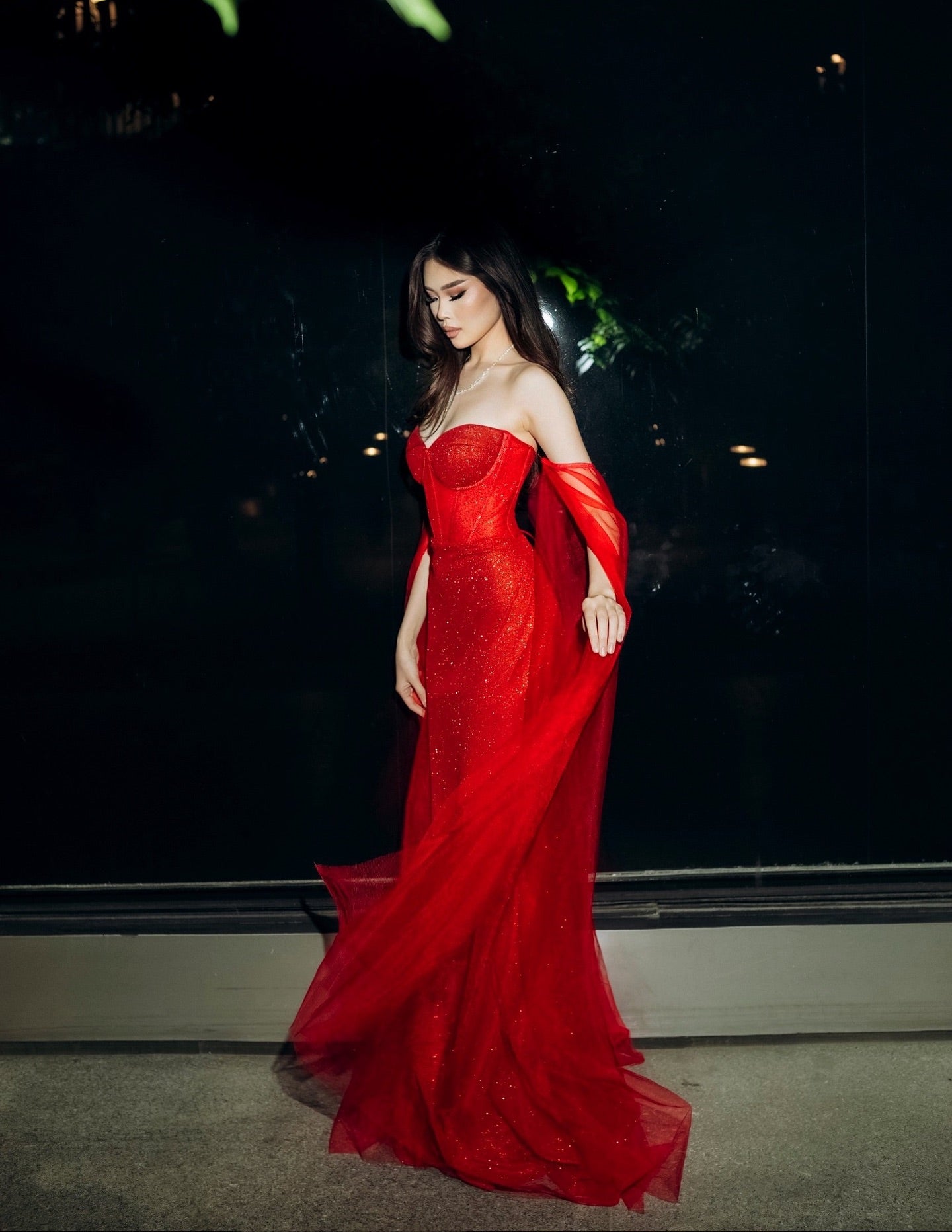 Corset Glitter Mermaid Gown with Draped Cape