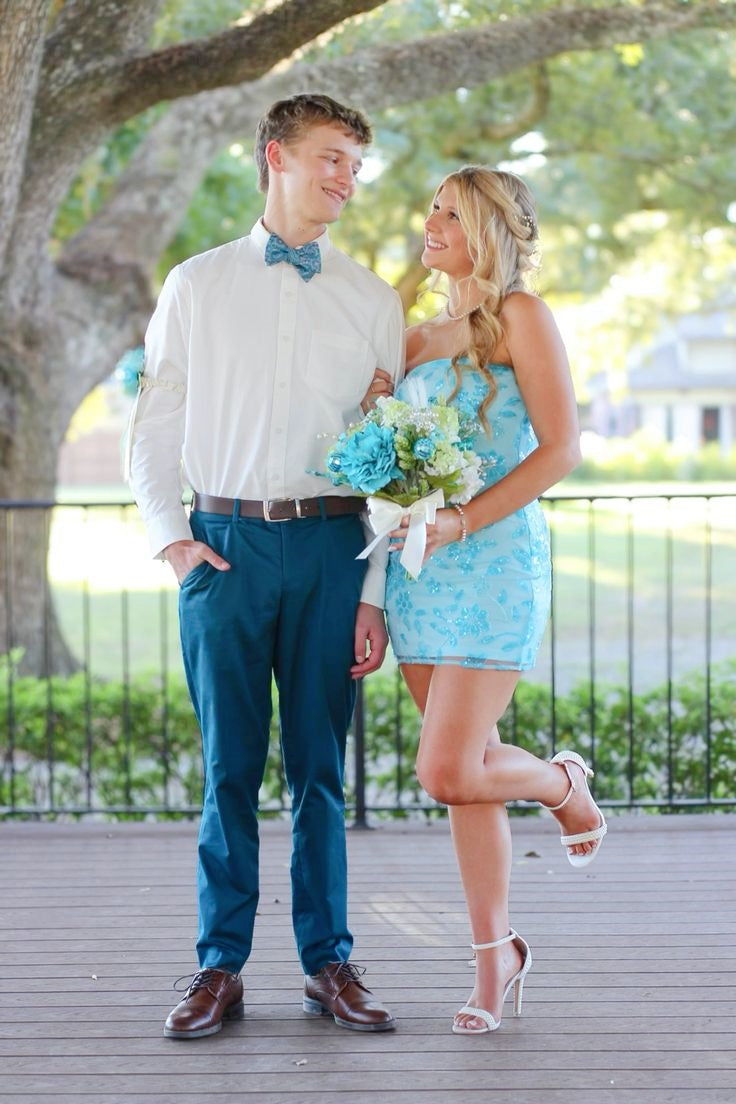 Strapless Sequined Mini Dress with Neck Sash