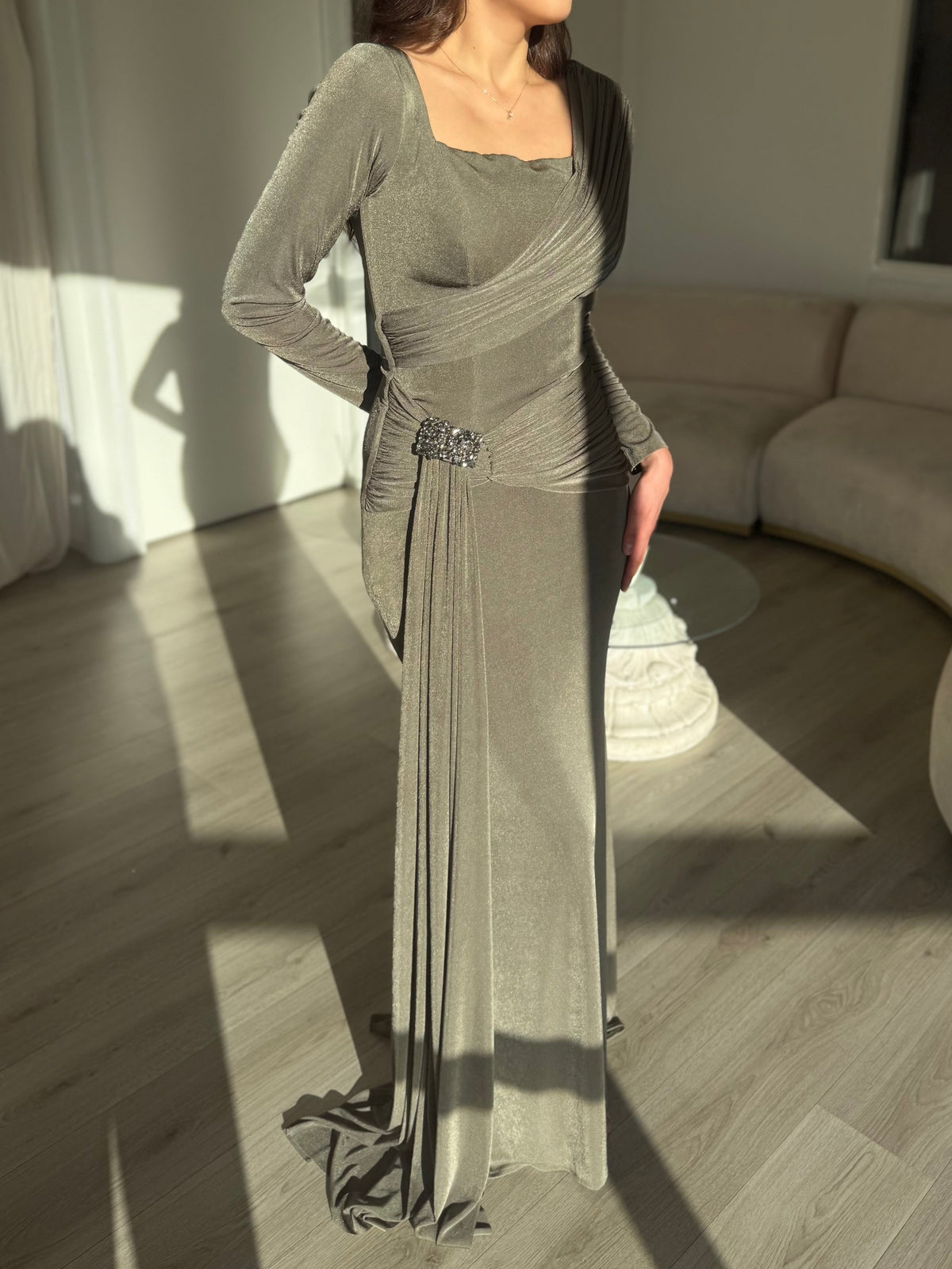 Ruched Long-Sleeve Maxi Dress with Crystal Brooch