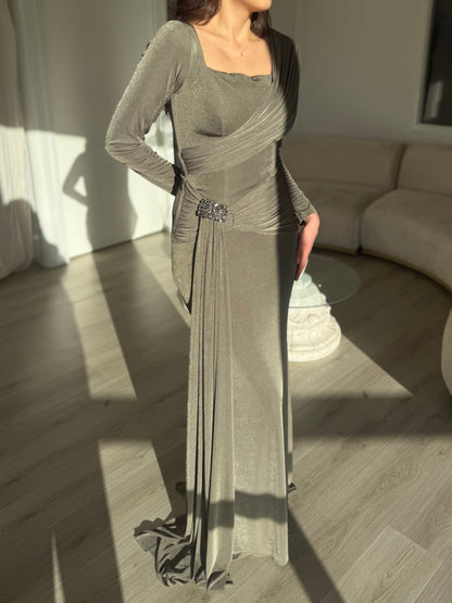 Ruched Long-Sleeve Maxi Dress with Crystal Brooch